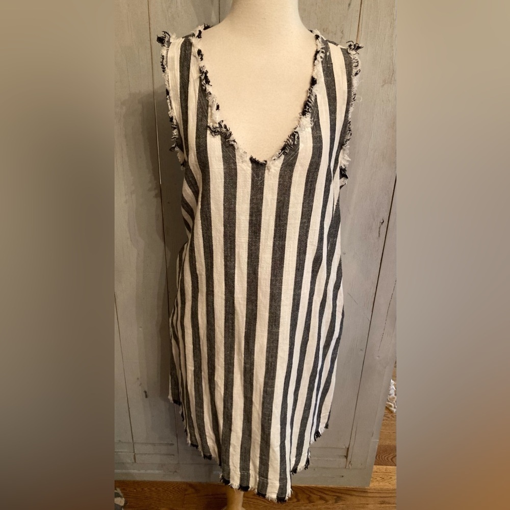 Umgee Dress Womens Large Linen Blend Comfort Raw Hem Shift‎ Striped V-neck